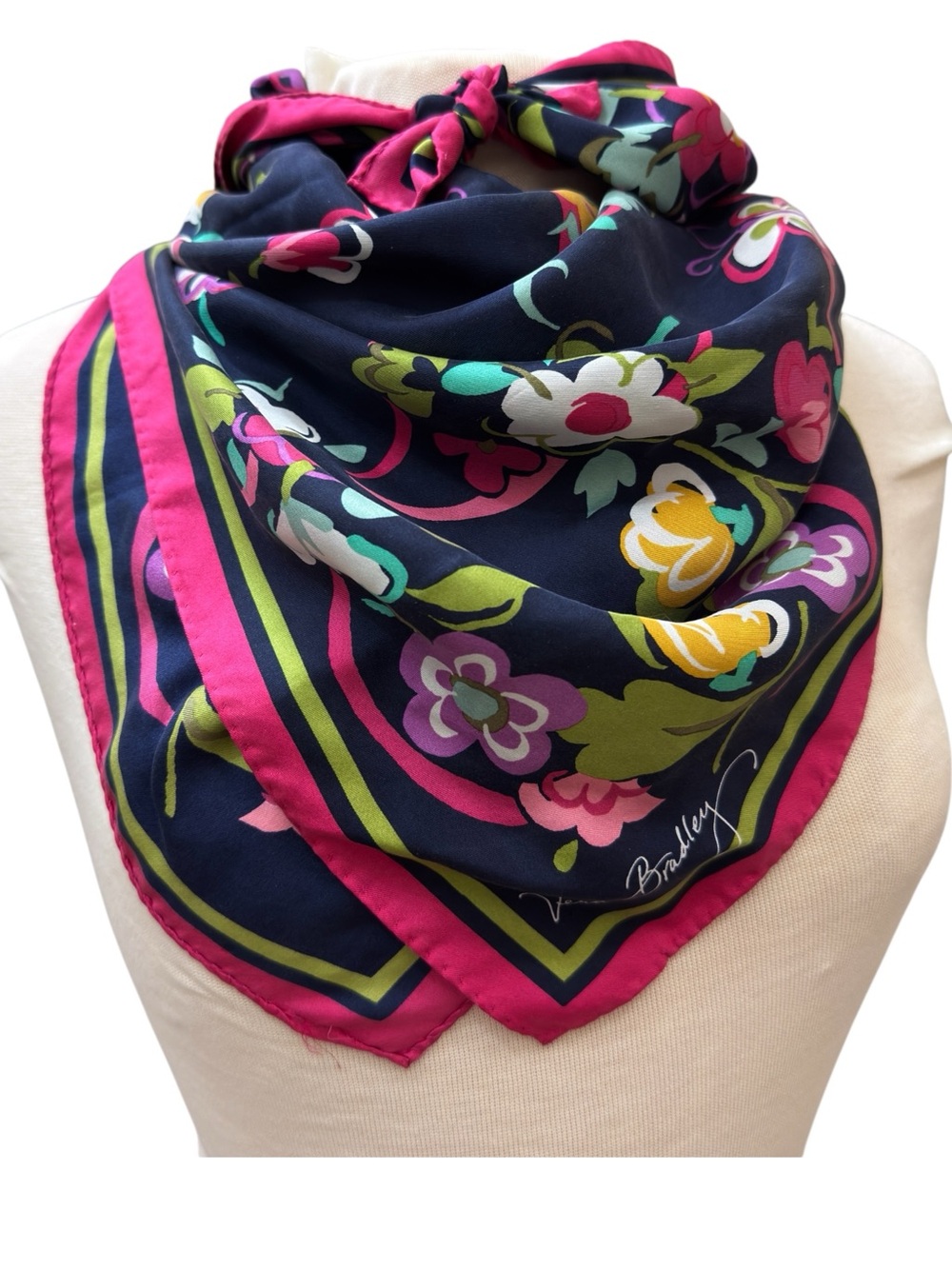 Vera Bradley Large Square Floral Scarf Navy Pink 33” Vivid Print